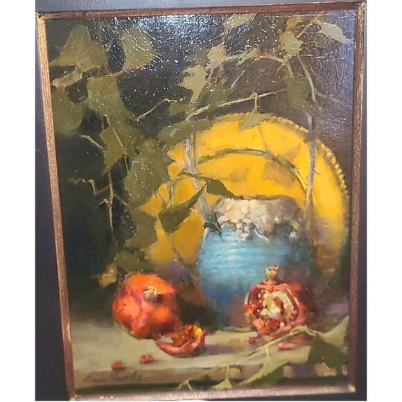 Pomegranates "Frannys Jar" Ann Hardy Listed Artist Oil Painting 12"x16" Framed - Picture 4 of 7